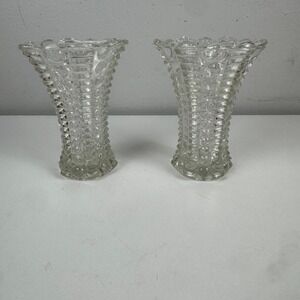 Vtg Clear Pressed Glass Bud Vases Pair Hobnail Bullseye Ruffled Rim 4.5" Set